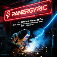 Neon sign readingPanergyric" with a welder working beneath, promoting a limited-time deal on welders with free shipping and returns.