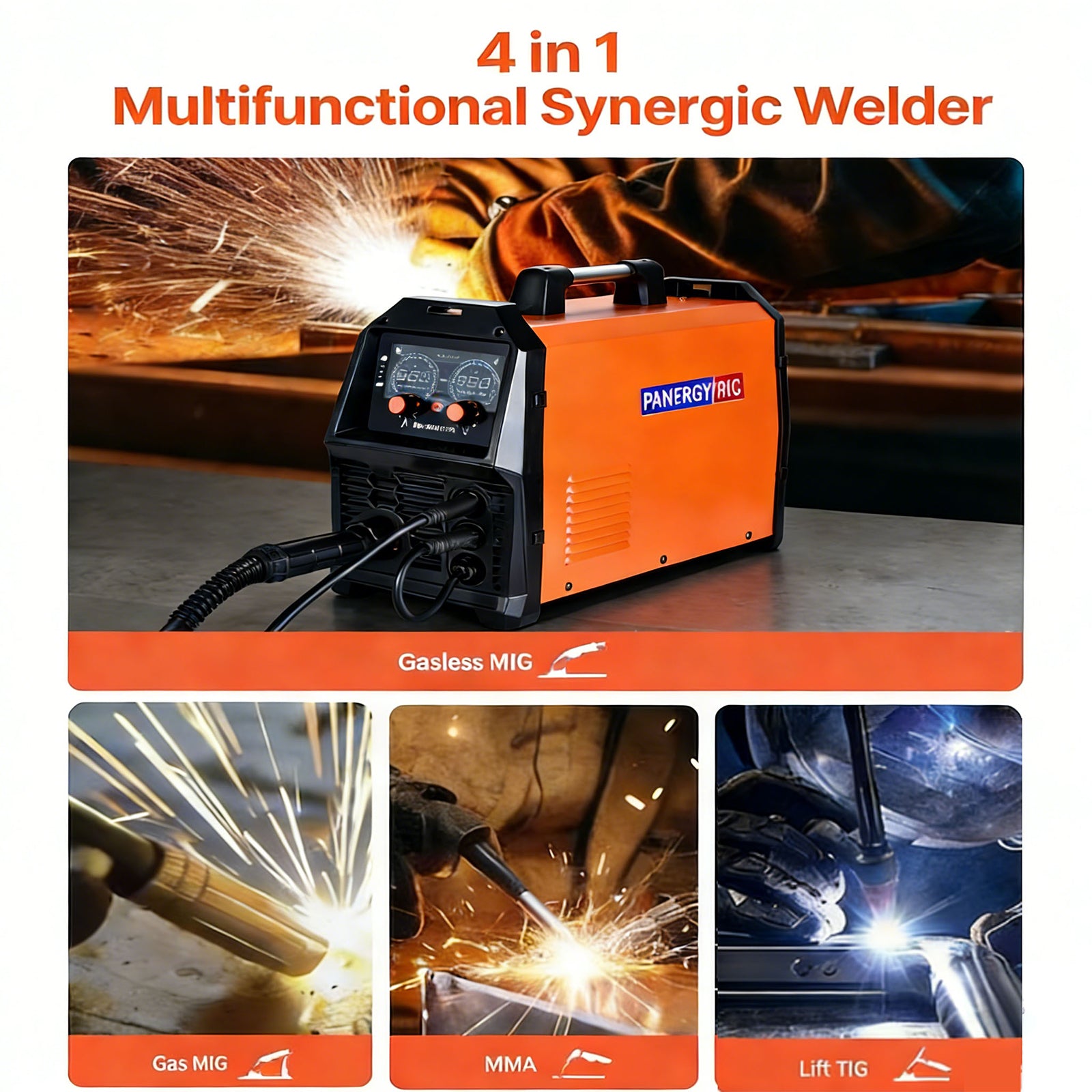 200A 4-in-1 Synergic MIG Welder | Gas/Gasless MIG, Stick, Lift TIG | Dual Voltage 110V/220V | IGBT Inverter & LCD Display