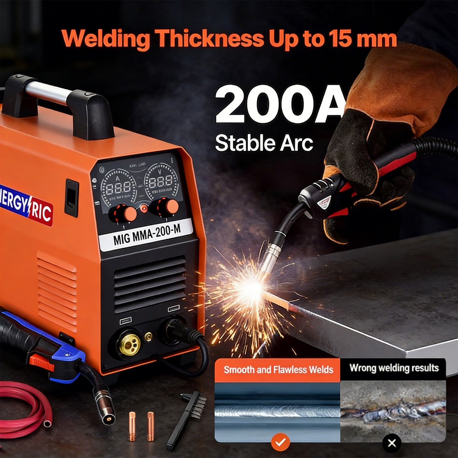 200A 4-in-1 Synergic MIG Welder | Gas/Gasless MIG, Stick, Lift TIG | Dual Voltage 110V/220V | IGBT Inverter & LCD Display