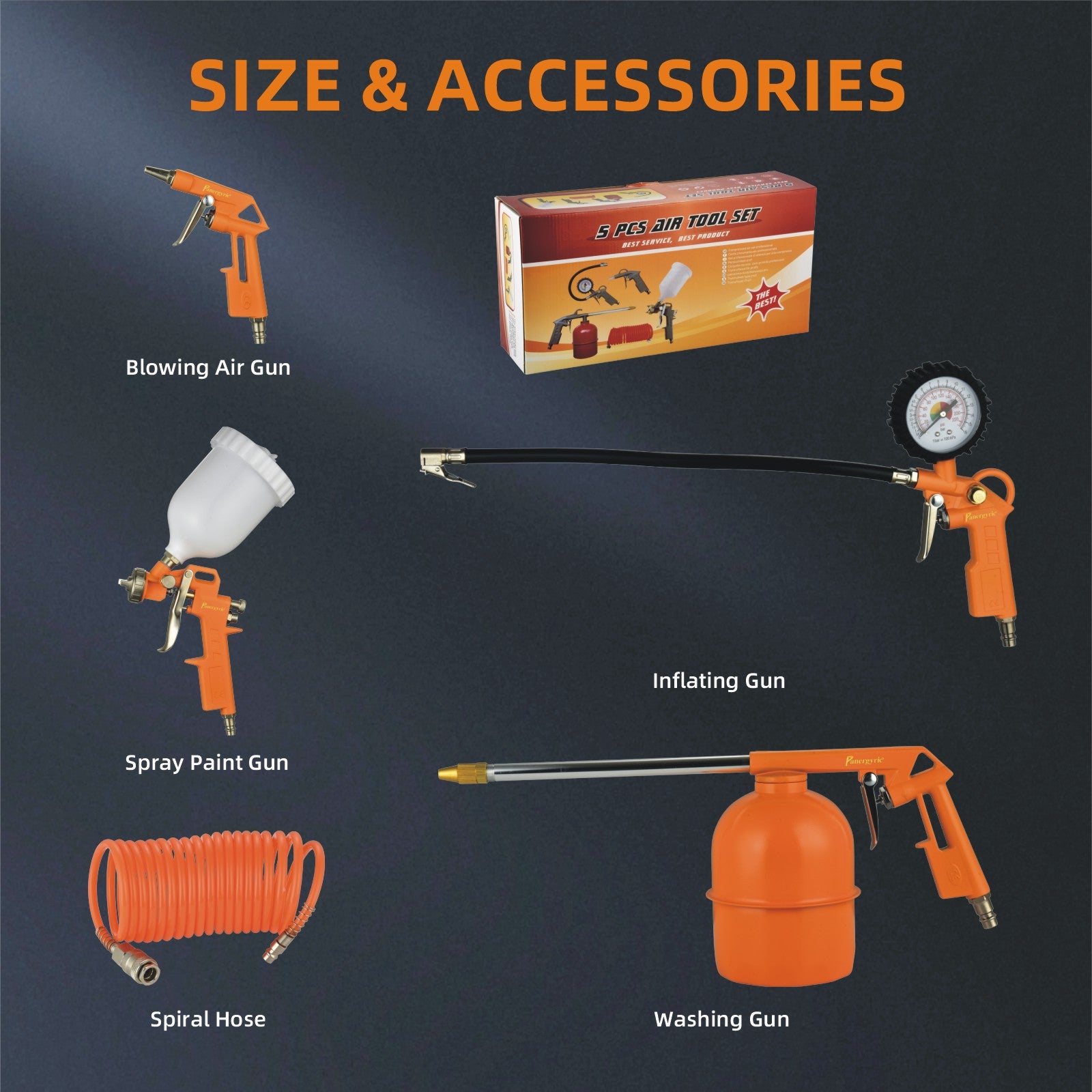 5 Pc Air Tool Kit Tire Inflator Spray Gun Air Duster Wash Gun Recoil Hose