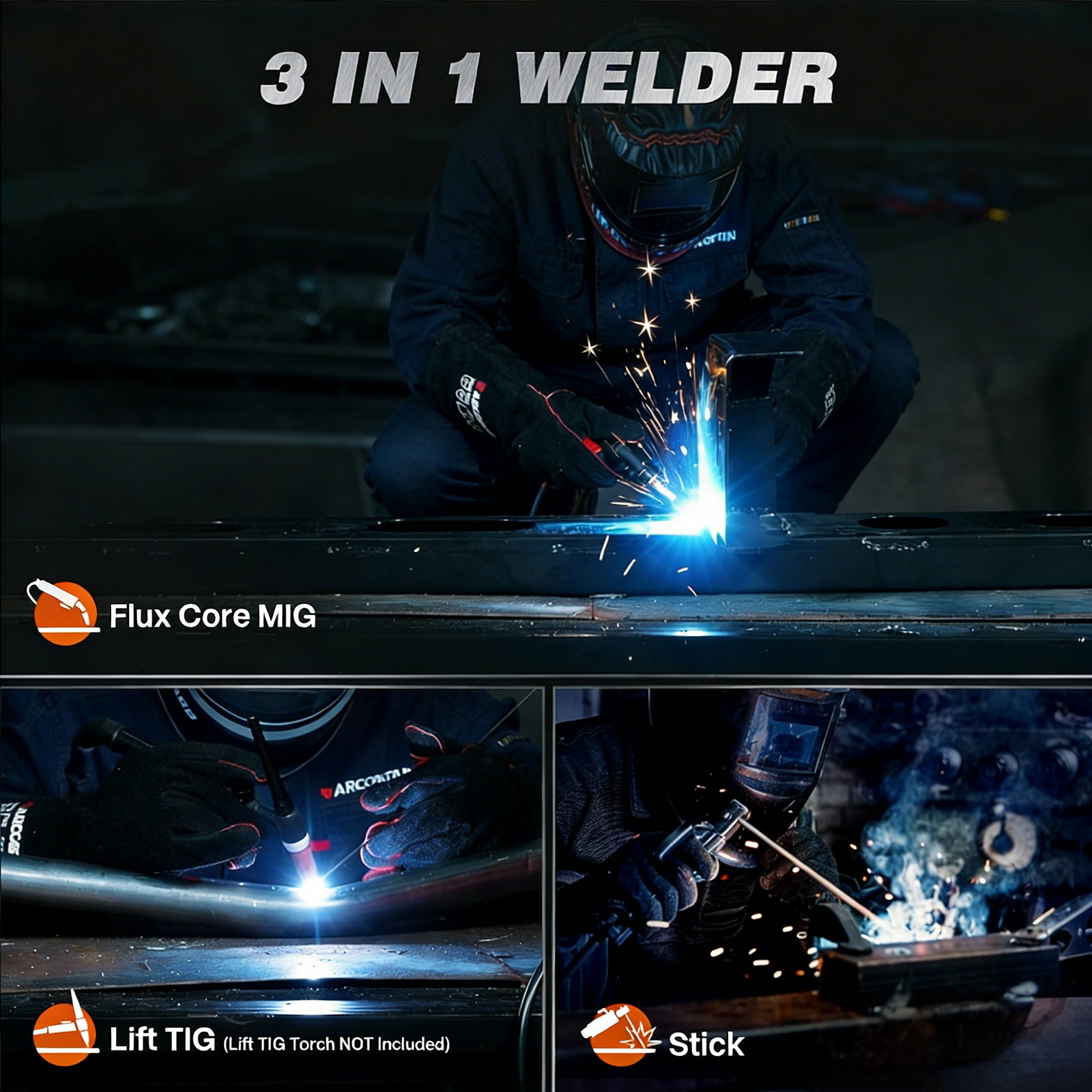 160A 3-in-1 Beginner MIG Welder | Gasless Flux Core, Stick, Lift TIG | Ready-to-Weld Kit with Wire, Dual Voltage 110V/220V, LED Display