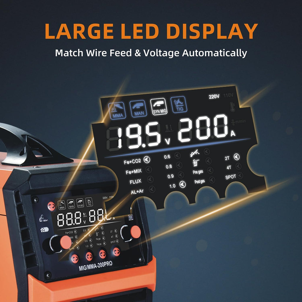 200A 4-in-1 MIG Welder | Synergic MIG/Flux Core/Stick/Lift TIG | Dual Voltage 110V/220V Portable Welding Machine with LCD