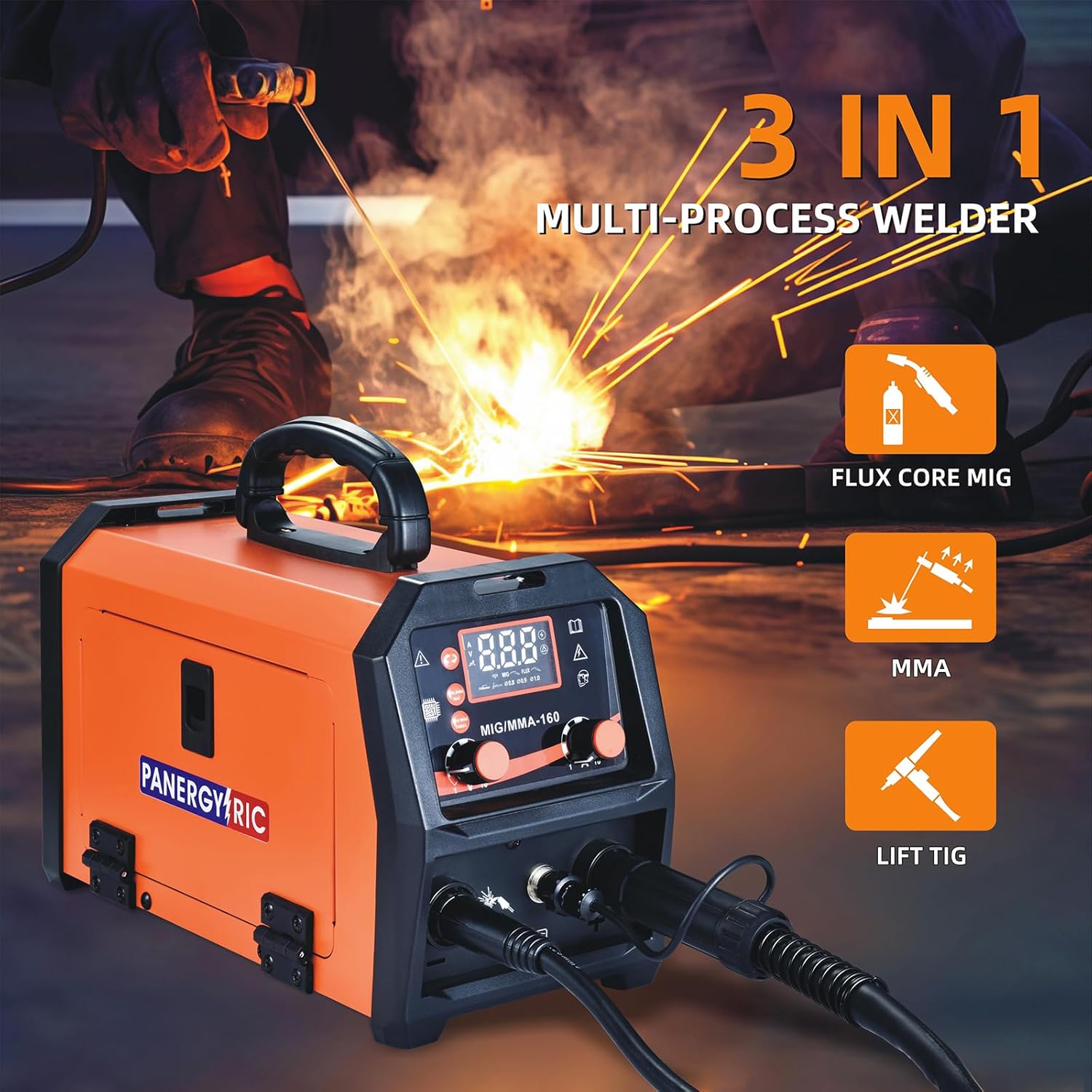 160A 3-in-1 Beginner MIG Welder | Gasless Flux Core, Stick, Lift TIG | Ready-to-Weld Kit with Wire, Dual Voltage 110V/220V, LED Display