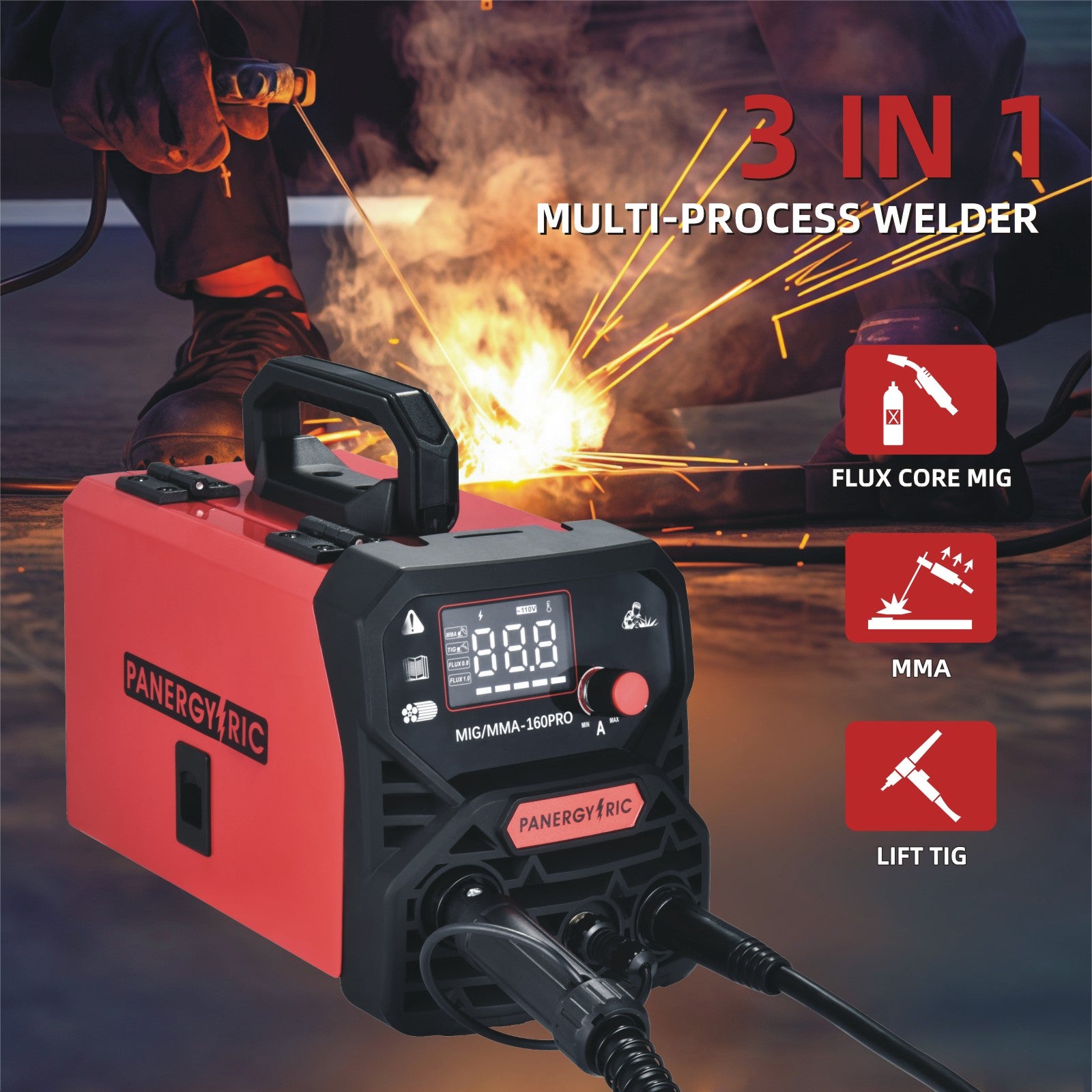 160A 3-in-1 Beginner MIG Welder | Gasless Flux Core, Lift TIG, Stick | 110V Portable Welder with Synergic Control & LED Display